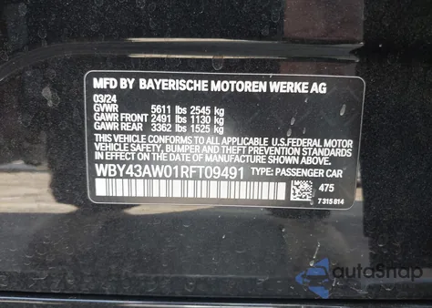 2024 BMW I4 Gran Coupe Edrive35 z USA, uszkodzony, nr VIN WBY43AW01RFT09491